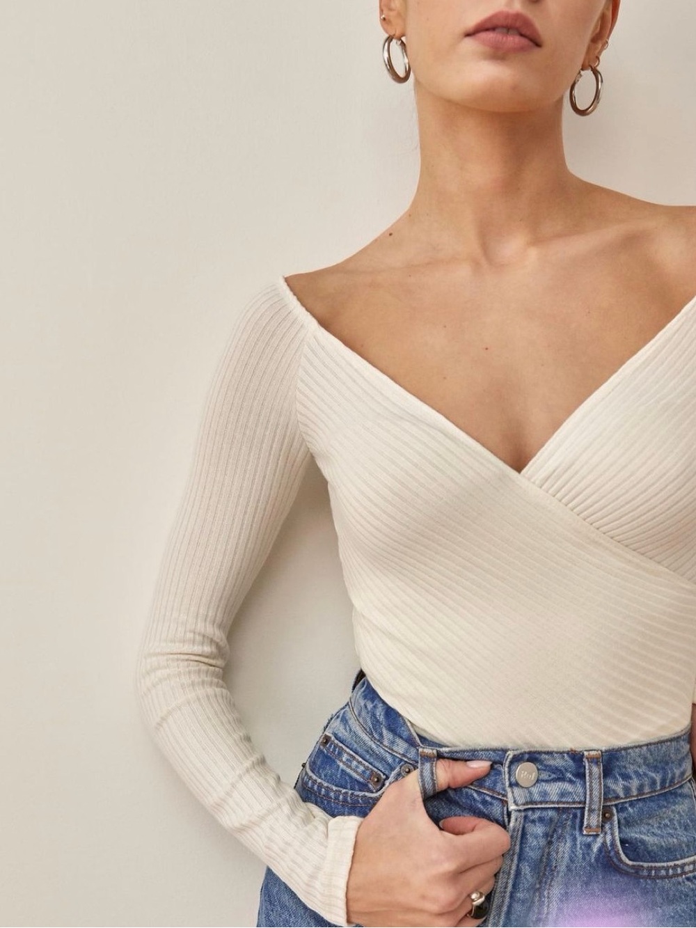 NWT Reformation Cream Ribbed Wrap Long Sleeve Top Size S